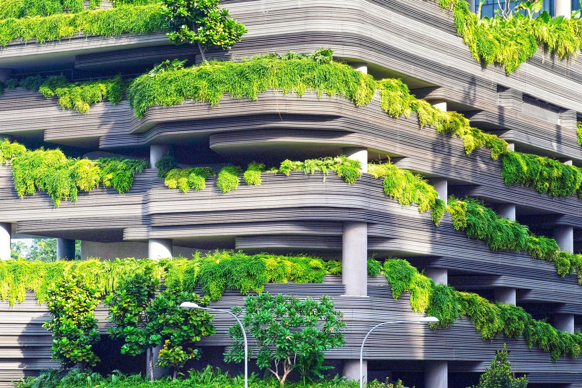 A green building with plants in a sustainable economy